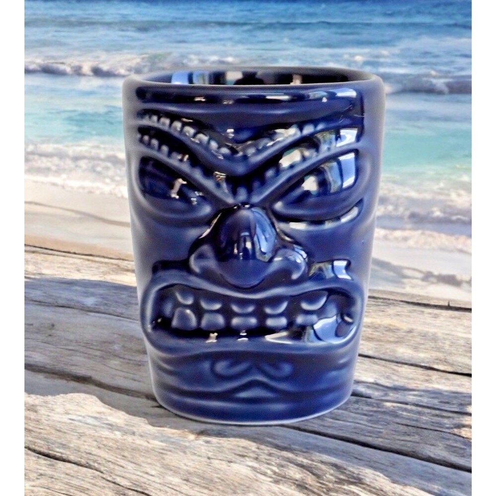 Cobalt Blue Tiki Mug Shot Glass Mid-Century Modern Vintage Hawaiian Barware 2.5”